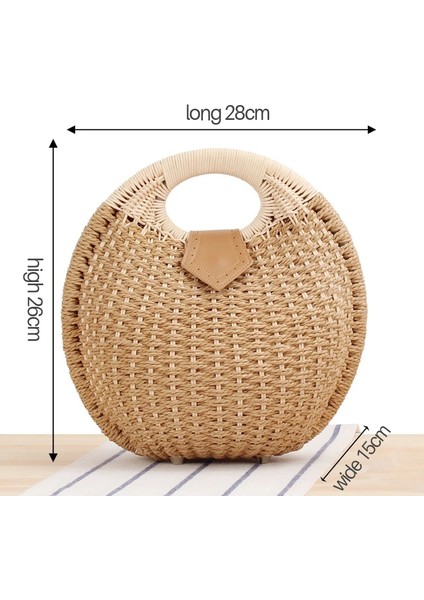 Açık Kahverengi Tarzı Yuvarlak Hasır Plaj Çantası Eski El Yapımı Dokuma Omuz Çantası Rafya Daire Rattan Çantalar Bohem Yaz Tatili Günlük Çantalar (Yurt Dışından)