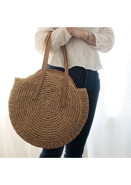 Açık Kahverengi Tarzı Yuvarlak Hasır Plaj Çantası Eski El Yapımı Dokuma Omuz Çantası Rafya Daire Rattan Çantalar Bohem Yaz Tatili Günlük Çantalar (Yurt Dışından) fırsatları