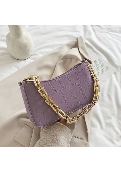 Mor Tarzı 25CMX14CMX4CM Leftsıde Stone Pattern Pu Leather Armpit Bag For Womeolid Color Chain Shoulder Handbags Female Travel Fashion Hand Bag (Yurt Dışından)