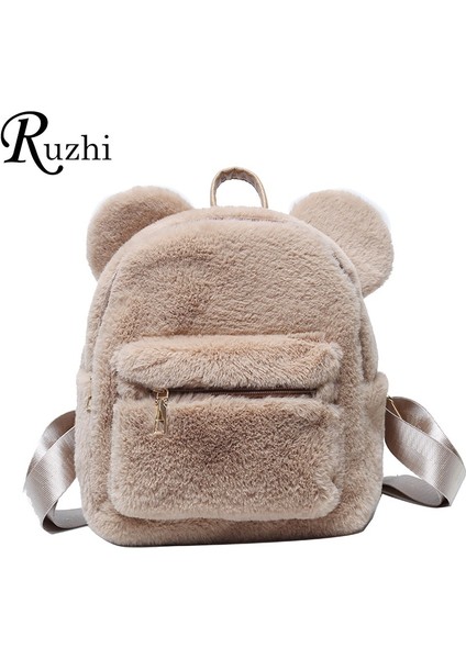 Haki Stili Peluş Kadın Sırt Çantası Ayı Kulakları ile Kürk Omuzlar Çanta Sevimli Kürklü Kadın Çanta Çanta Kız Için Paketleri Kpop Mini Sırt Çantası Lady (Yurt Dışından)