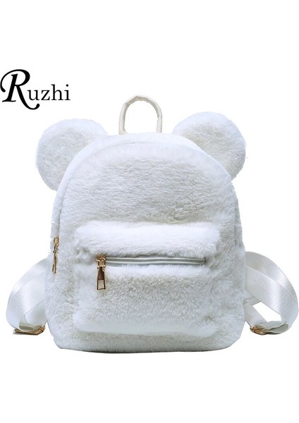 Haki Stili Peluş Kadın Sırt Çantası Ayı Kulakları ile Kürk Omuzlar Çanta Sevimli Kürklü Kadın Çanta Çanta Kız Için Paketleri Kpop Mini Sırt Çantası Lady (Yurt Dışından)