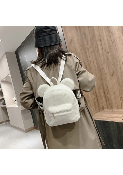 Haki Stili Peluş Kadın Sırt Çantası Ayı Kulakları ile Kürk Omuzlar Çanta Sevimli Kürklü Kadın Çanta Çanta Kız Için Paketleri Kpop Mini Sırt Çantası Lady (Yurt Dışından)