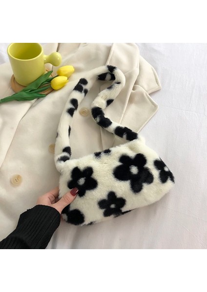 Siyah Stil Kadın Çanta Moda Çiçek Baskı Peluş Omuz Koltukaltı Çanta Kadınlar Bayanlar Için Sonbahar Kış Küçük Çanta Tote Shopper Çanta (Yurt Dışından)