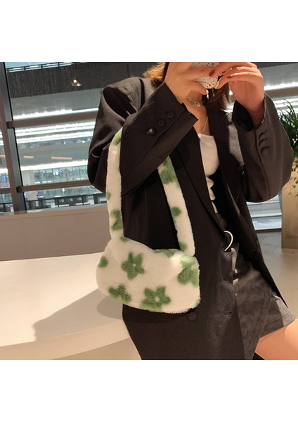 Siyah Stil Kadın Çanta Moda Çiçek Baskı Peluş Omuz Koltukaltı Çanta Kadınlar Bayanlar Için Sonbahar Kış Küçük Çanta Tote Shopper Çanta (Yurt Dışından) modelleri
