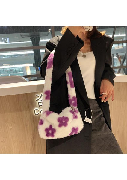 Siyah Stil Kadın Çanta Moda Çiçek Baskı Peluş Omuz Koltukaltı Çanta Kadınlar Bayanlar Için Sonbahar Kış Küçük Çanta Tote Shopper Çanta (Yurt Dışından) indirimleri