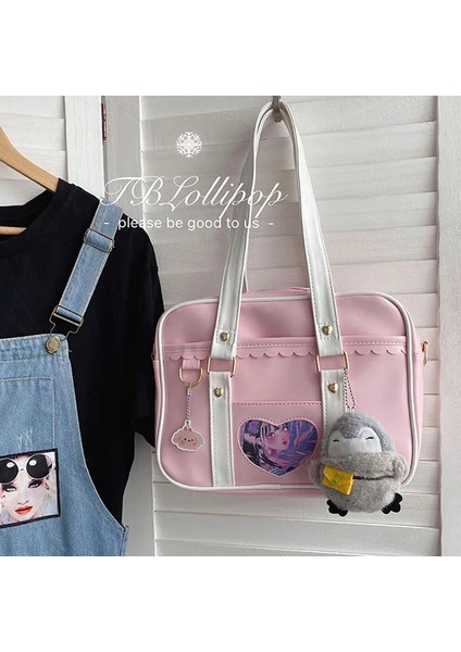 Pembe Penguen Stili 21CMX27CMX8CM Gerçek Atış Ins Japon Ins Harajuku Tarzı Kız Pu Üniforma Çanta Taşınabilir Çok Amaçlı Crossbody Omuz Çantası Loli Eşleşen Çanta (Yurt Dışından)