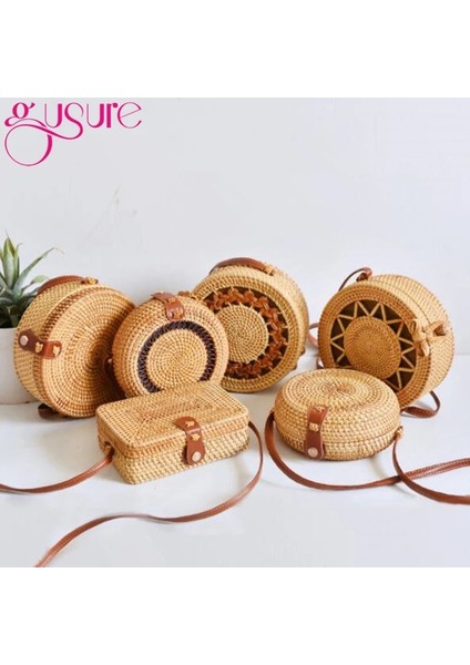 No.48 Stili Gusure Dokuma Kamış Örgü Çanta Yuvarlak Hasır Omuz Çantası Küçük Plaj Çantaları Kadın Yaz Hollow El Yapımı Messenger Crossbody Çanta (Yurt Dışından) fiyatları