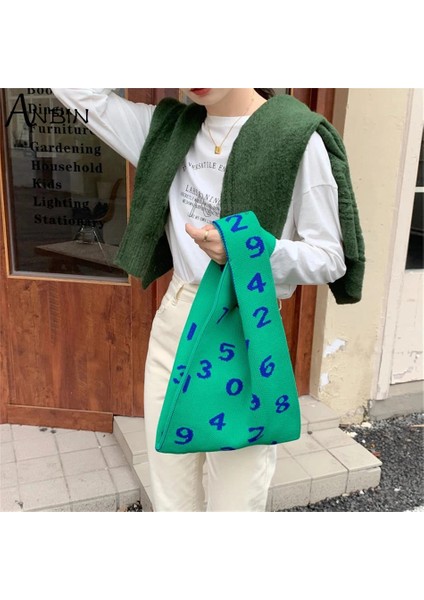 No.8 Stili Siyah Deri Kemer Kadın Örgü Kumaş Omuz Bilek Çantaları Japon Tarzı Numarası Desen Tasarım Bez Günlük Örgü Çanta Kadın Alışveriş Çantası (Yurt Dışından) modelleri