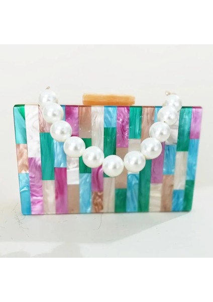 Ordu Yeşili Tarzı 18 cm Renkli Çizgili Birçok Inci Renk Akrilik Toka Kadın Omuz Kılıf Çanta Kadın Flap Akşam Çanta Cüzdan Parti Evneing Çanta (Yurt Dışından) modelleri