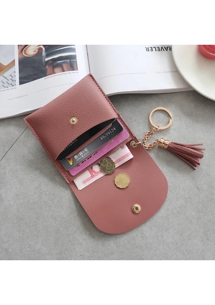Pembe Stil Cüzdanlar Kadın Bozuk Para Cüzdanı Bayanlar Pu Deri Püskül ve Metal Yüzük Debriyaj Anahtarlık Ince Anahtar Çanta Kart Sahipleri Mini Kılıf (Yurt Dışından) modelleri