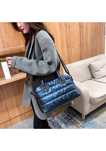 L-Siyah Tarzı Kış Naylon Moda Kapitone Kafes Dokuma Pamuk Yastıklı Büyük Kapasiteli Omuzdan Askili Çanta Kadınlar Için Örgü Çanta Crossbody Çanta (Yurt Dışından) fiyatları