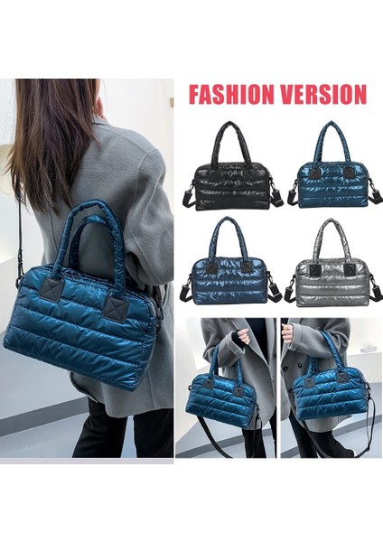 L-Siyah Tarzı Kış Naylon Moda Kapitone Kafes Dokuma Pamuk Yastıklı Büyük Kapasiteli Omuzdan Askili Çanta Kadınlar Için Örgü Çanta Crossbody Çanta (Yurt Dışından) modelleri
