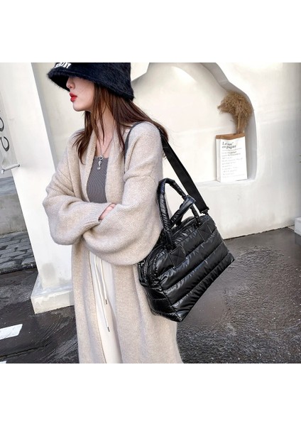 L-Siyah Tarzı Kış Naylon Moda Kapitone Kafes Dokuma Pamuk Yastıklı Büyük Kapasiteli Omuzdan Askili Çanta Kadınlar Için Örgü Çanta Crossbody Çanta (Yurt Dışından) fırsatları