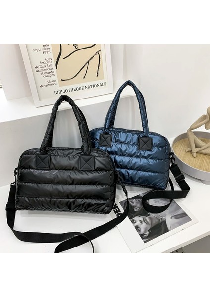 L-Siyah Tarzı Kış Naylon Moda Kapitone Kafes Dokuma Pamuk Yastıklı Büyük Kapasiteli Omuzdan Askili Çanta Kadınlar Için Örgü Çanta Crossbody Çanta (Yurt Dışından) indirimleri