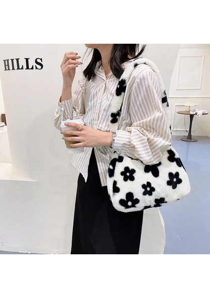 Zebra Desen Stili Kadın Kürk Çiçek Desen Yumuşak Peluş Omuz Çantaları Kış Rahat Küçük Koltukaltı Çanta Parçalamak Kadın Kabarık Alışveriş Tote Çanta (Yurt Dışından) modelleri