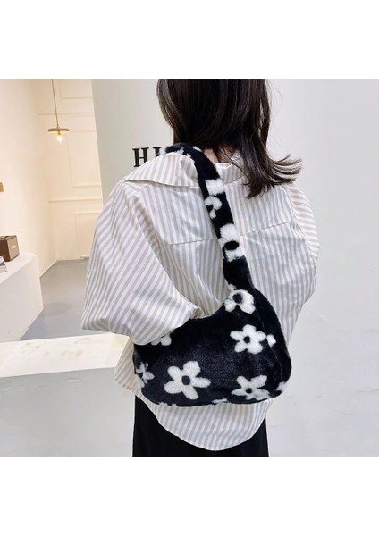 Zebra Desen Stili Kadın Kürk Çiçek Desen Yumuşak Peluş Omuz Çantaları Kış Rahat Küçük Koltukaltı Çanta Parçalamak Kadın Kabarık Alışveriş Tote Çanta (Yurt Dışından) indirimleri