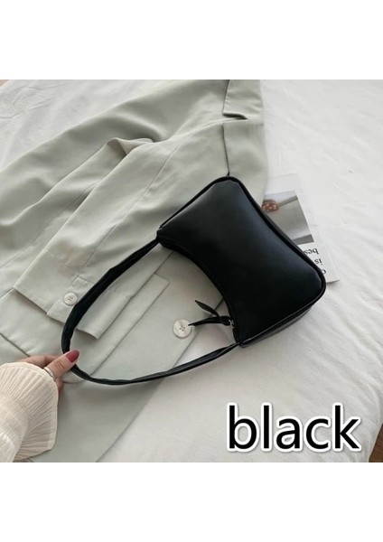 Siyah Stil 22X8X14CM Yumuşak Pu Deri Kadın Mor Koltukaltı Çanta Retro Düz Renk Bayan Hobos Çanta Moda Tasarımı Kız Küçük Omuz Çantaları (Yurt Dışından)