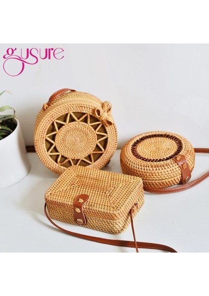 No.9 Tarzı Gusure Vintage El Yapımı Crossbody Kadın Çantası Yuvarlak Plaj Daire Kamış Örgü Çanta Küçük Omuz Çantaları Bohem Çanta Seyahat Stilleri (Yurt Dışından) indirimleri