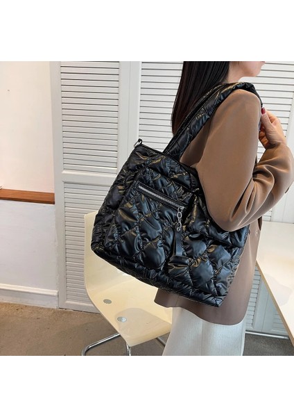 Mavi Stil Moda Kış Aşağı Naylon Yastıklı Çanta Kadın Büyük Kapasiteli Üst Saplı Çanta Düz Renk Crossbody Çanta Kadın Omuz Çantaları (Yurt Dışından) modelleri