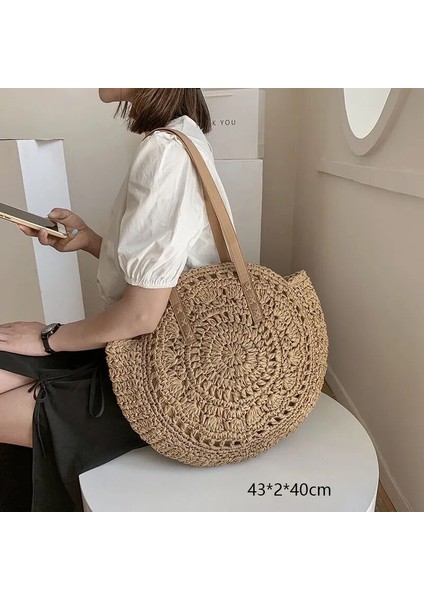 No.24 Tarzı Gusure Dokuma Kamış Örgü Çanta Yuvarlak Hasır Omuz Çantası Küçük Plaj Çantaları Kadın Yaz Hollow El Yapımı Messenger Crossbody Çanta (Yurt Dışından)