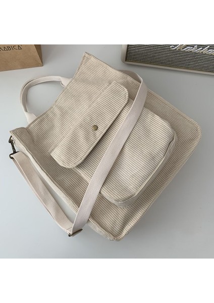 Beyaz Kadife Stili Kadife Omuz Çantası Kadın Vintage Alışveriş Çantaları Fermuar Kız Öğrenci Bookbag Çanta Dış Cep ile Rahat Tote (Yurt Dışından)