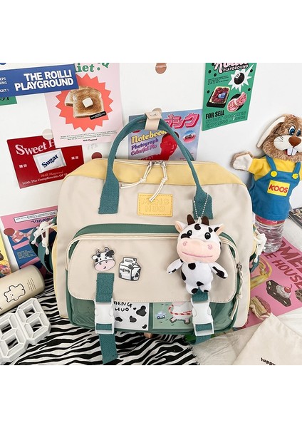 Sarı Stil Aksesuarlarla Kadınlar Sevimli Inek Sırt Çantası Kadın Öğrenci Koleji Schoolbag Kız Rozeti Çok Fonksiyonlu Sırt Çantaları Kawaii Bayanlar Su Geçirmez Naylon Çanta (Yurt Dışından)