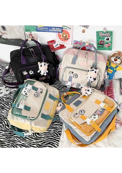 Sarı Stil Aksesuarlarla Kadınlar Sevimli Inek Sırt Çantası Kadın Öğrenci Koleji Schoolbag Kız Rozeti Çok Fonksiyonlu Sırt Çantaları Kawaii Bayanlar Su Geçirmez Naylon Çanta (Yurt Dışından)