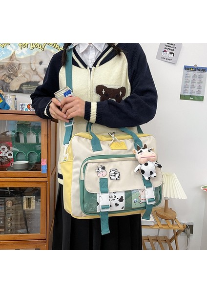 Sarı Stil Aksesuarlarla Kadınlar Sevimli Inek Sırt Çantası Kadın Öğrenci Koleji Schoolbag Kız Rozeti Çok Fonksiyonlu Sırt Çantaları Kawaii Bayanlar Su Geçirmez Naylon Çanta (Yurt Dışından)