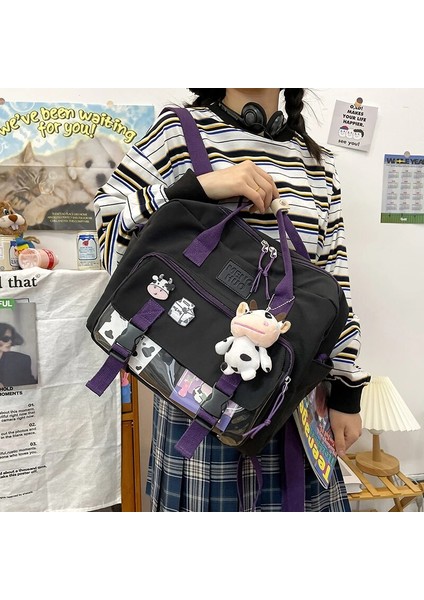 Sarı Stil Aksesuarlarla Kadınlar Sevimli Inek Sırt Çantası Kadın Öğrenci Koleji Schoolbag Kız Rozeti Çok Fonksiyonlu Sırt Çantaları Kawaii Bayanlar Su Geçirmez Naylon Çanta (Yurt Dışından)