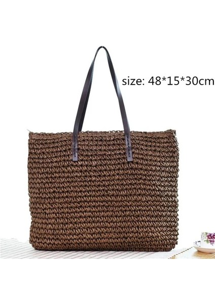 Koyu Kahverengi Tarzı Yuvarlak Hasır Plaj Çantası Eski El Yapımı Dokuma Omuz Çantası Rafya Daire Rattan Çantalar Bohem Yaz Tatili Günlük Çantalar (Yurt Dışından)