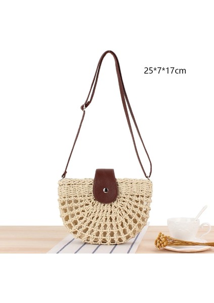No.42 Tarzı Gusure Dokuma Kamış Örgü Çanta Yuvarlak Hasır Omuz Çantası Küçük Plaj Çantaları Kadın Yaz Hollow El Yapımı Messenger Crossbody Çanta (Yurt Dışından)