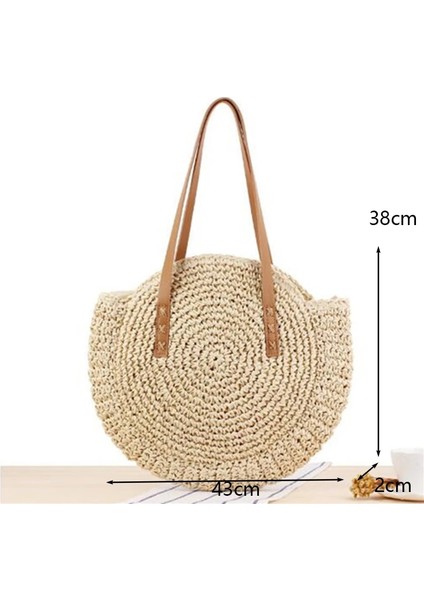 Bej-Orta Tarz Yuvarlak Hasır Plaj Çantası Eski El Yapımı Dokuma Omuz Çantası Rafya Daire Rattan Çantalar Bohem Yaz Tatili Günlük Çantalar (Yurt Dışından)