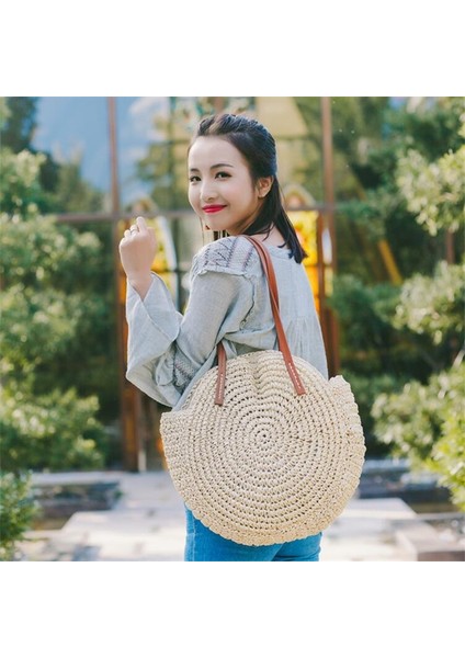 Bej-Orta Tarz Yuvarlak Hasır Plaj Çantası Eski El Yapımı Dokuma Omuz Çantası Rafya Daire Rattan Çantalar Bohem Yaz Tatili Günlük Çantalar (Yurt Dışından) indirimleri