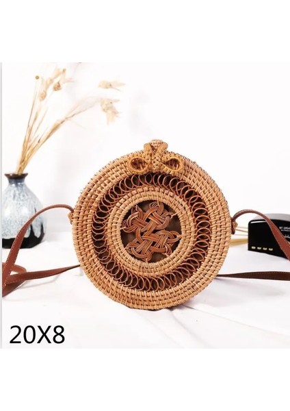 ZHONGGUOJIE20X8CM Tarzı Dokuma Kamış Örgü Çanta Yuvarlak Hasır Omuz Çantası Küçük Plaj Çantaları Kadın Yaz Hollow El Yapımı Messenger Crossbody Çanta (Yurt Dışından)