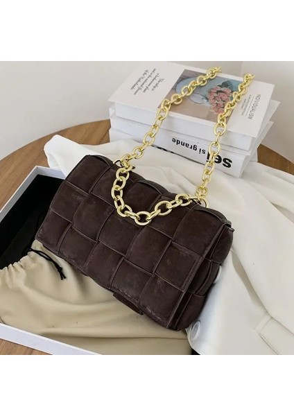 Kahverengi Tarzı 25X7X17CM Moda Zinciri Örgülü Buzlu Taşınabilir Kare Çanta Pu Moda Lüks Tasarımcı Omuz Messenger Çanta Doku Kadın Çantası (Yurt Dışından)