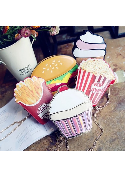 K Tarzı Yaratıcı Stil Kadın Hamburger Dondurma Omuz Çantaları Cupcake Pu Zincirler Çantalar Sevimli Hamburger Patlamış Mısır Kızartması 3D Postacı Çantaları (Yurt Dışından) modelleri