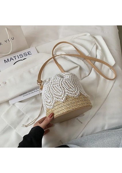 Yapraklar-Haki Tarzı Yeni Saman Kıvrımlı Makale Kadın Dantel Kova Çanta Nedensel Tatil Plaj Çantası Zarif Dantel Staw Çanta Omuz Crossbody Çanta Çanta (Yurt Dışından)