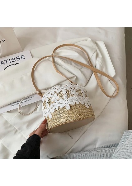 Yapraklar-Haki Tarzı Yeni Saman Kıvrımlı Makale Kadın Dantel Kova Çanta Nedensel Tatil Plaj Çantası Zarif Dantel Staw Çanta Omuz Crossbody Çanta Çanta (Yurt Dışından) fiyatları