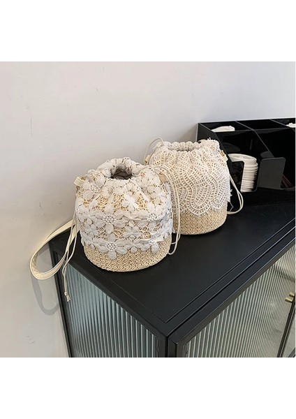 Yapraklar-Haki Tarzı Yeni Saman Kıvrımlı Makale Kadın Dantel Kova Çanta Nedensel Tatil Plaj Çantası Zarif Dantel Staw Çanta Omuz Crossbody Çanta Çanta (Yurt Dışından) modelleri