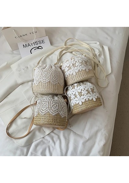 Yapraklar-Haki Tarzı Yeni Saman Kıvrımlı Makale Kadın Dantel Kova Çanta Nedensel Tatil Plaj Çantası Zarif Dantel Staw Çanta Omuz Crossbody Çanta Çanta (Yurt Dışından) fırsatları