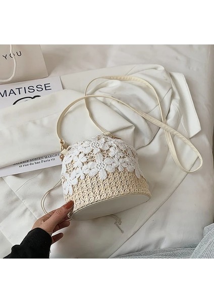 Yapraklar-Haki Tarzı Yeni Saman Kıvrımlı Makale Kadın Dantel Kova Çanta Nedensel Tatil Plaj Çantası Zarif Dantel Staw Çanta Omuz Crossbody Çanta Çanta (Yurt Dışından) indirimleri