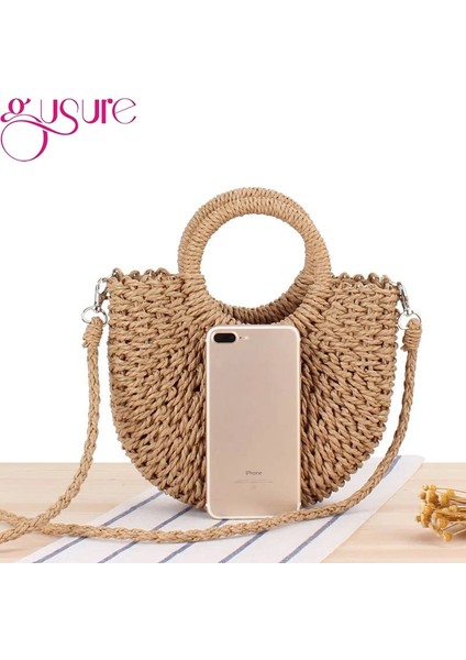 Haki-1 Tarzı Gusure El Yapımı Yarım Yuvarlak Rattan Dokuma Hasır Crossbody Çanta Yaz Plaj Kadın Messenger Omuz Çantaları Kızlar Küçük Çanta (Yurt Dışından) indirimleri