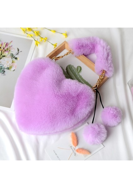 Mor Tarzı 23X20CM Taklit Kürk Kış Kadın Çanta Sevimli Peluş Bayanlar Kalp Şeklinde Omuzdan Askili Çanta Sevimli Kadın Debriyaj Çanta Aşk Çanta Askılı Çanta (Yurt Dışından) fiyatları