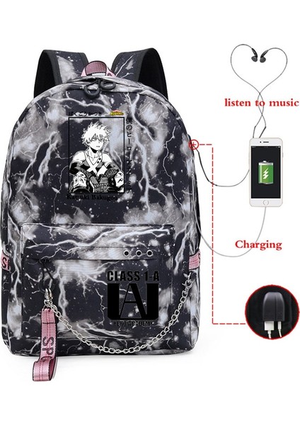 LGGY-HERO366H-HE215H Stili Anime My Hero Academia Deku Bakugou Boku Hiçbir Kahraman Akademi Kızlar Için Okul Çantaları Kadın Laptop Sırt Çantası USB Okul Sırt Çantaları (Yurt Dışından)