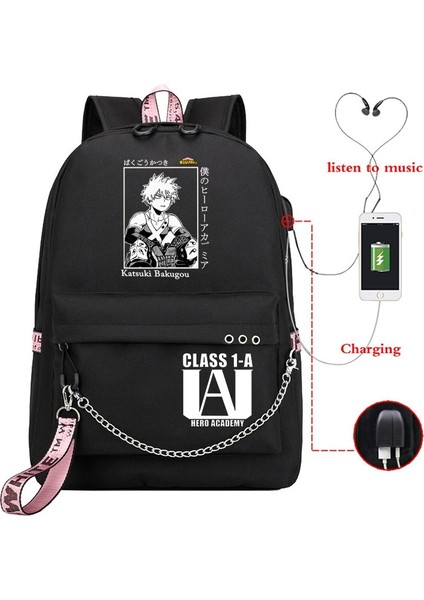 LGGY-HERO366H-HE215H Stili Anime My Hero Academia Deku Bakugou Boku Hiçbir Kahraman Akademi Kızlar Için Okul Çantaları Kadın Laptop Sırt Çantası USB Okul Sırt Çantaları (Yurt Dışından)