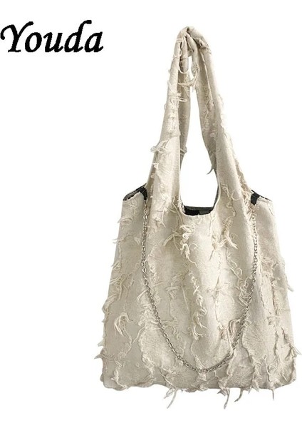 Retro Kadın Yaz Plaj Çantaları Çanta Büyük Kapasiteli Bayan Püskül Omuz Çantası Büyük Zincir Tote Rahat Kızlar Seyahat Alışveriş Çantası (Yurt Dışından)