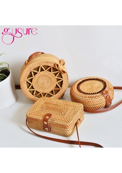 No.1 Tarzı Gusure Vintage El Yapımı Crossbody Kadın Çantası Yuvarlak Plaj Daire Kamış Örgü Çanta Küçük Omuz Çantaları Bohem Çanta Seyahat Stilleri (Yurt Dışından) fiyatları