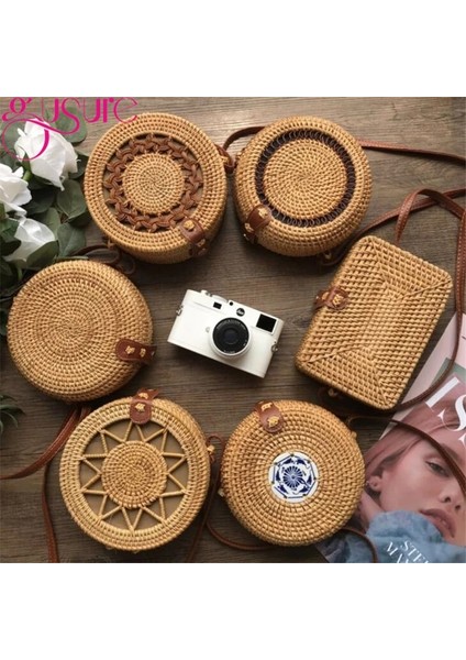 No.1 Tarzı Gusure Vintage El Yapımı Crossbody Kadın Çantası Yuvarlak Plaj Daire Kamış Örgü Çanta Küçük Omuz Çantaları Bohem Çanta Seyahat Stilleri (Yurt Dışından) fırsatları