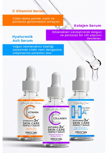 Üçlü Serum Paketi (C Vitamini - Kolajen - Hyaluronik Asit Serumu)