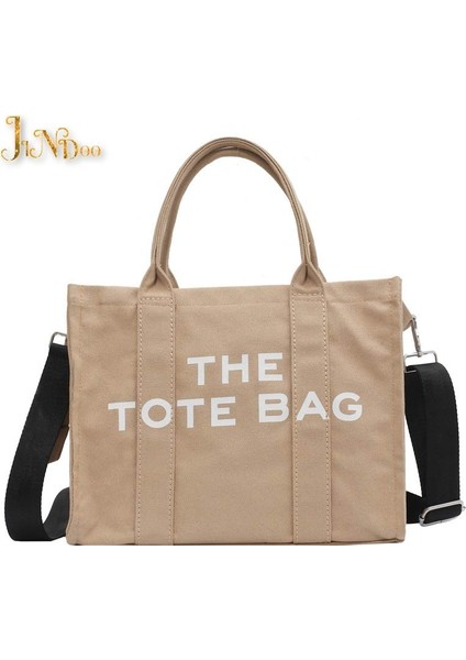 Haki Stili 32CM-15CM-26CM Moda Tasarımcıları Edebi Mektup Baskı Kadın Bez Çanta Kadın Büyük Kapasiteli Tuval Omuz Kadın Çapraz Alışveriş Çantası (Yurt Dışından)